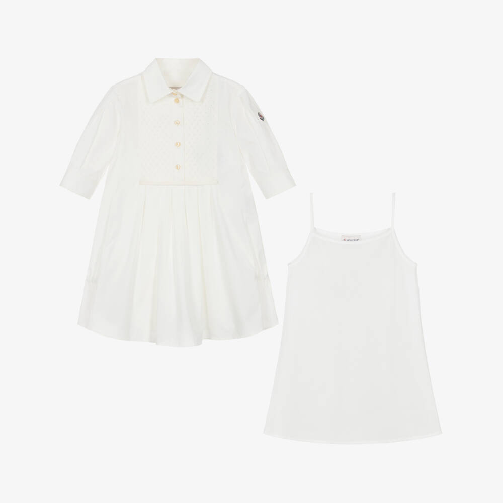 Moncler Enfant-Girls Ivory Shirt Dress with Broderie Panel | Childrensalon