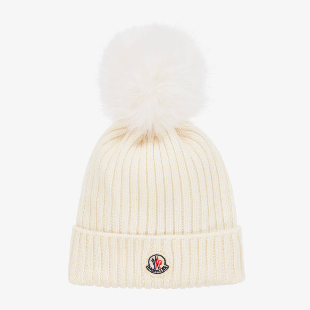 Moncler Enfant-Girls Ivory Wool Pom-Pom Hat | Childrensalon