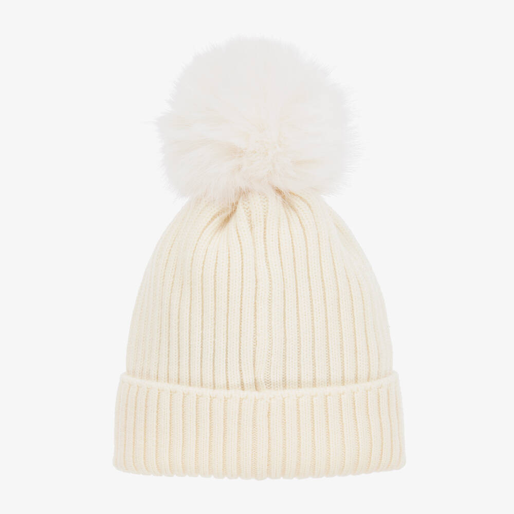 Moncler Enfant-Girls Ivory Wool Pom-Pom Hat | Childrensalon