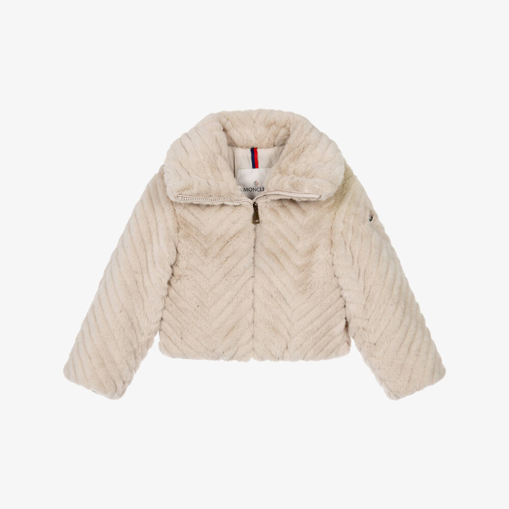 Moncler Enfant-Girls Light Beige Elra Jacket in Faux Fur | Childrensalon