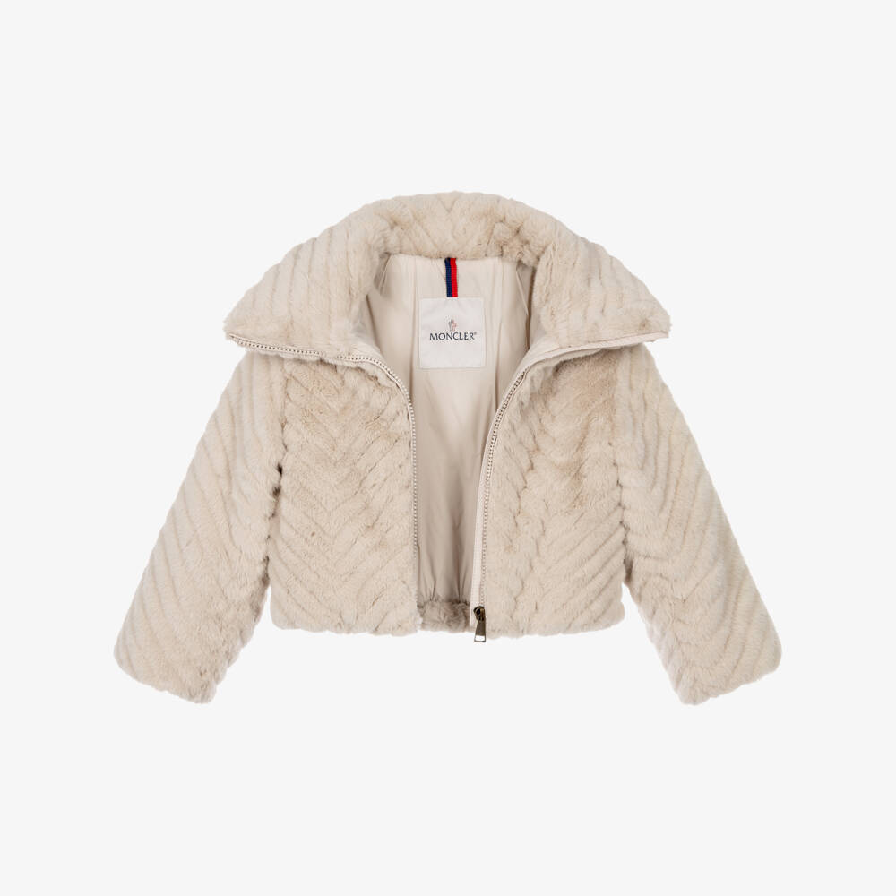 Moncler Enfant-Girls Light Beige Elra Jacket in Faux Fur | Childrensalon