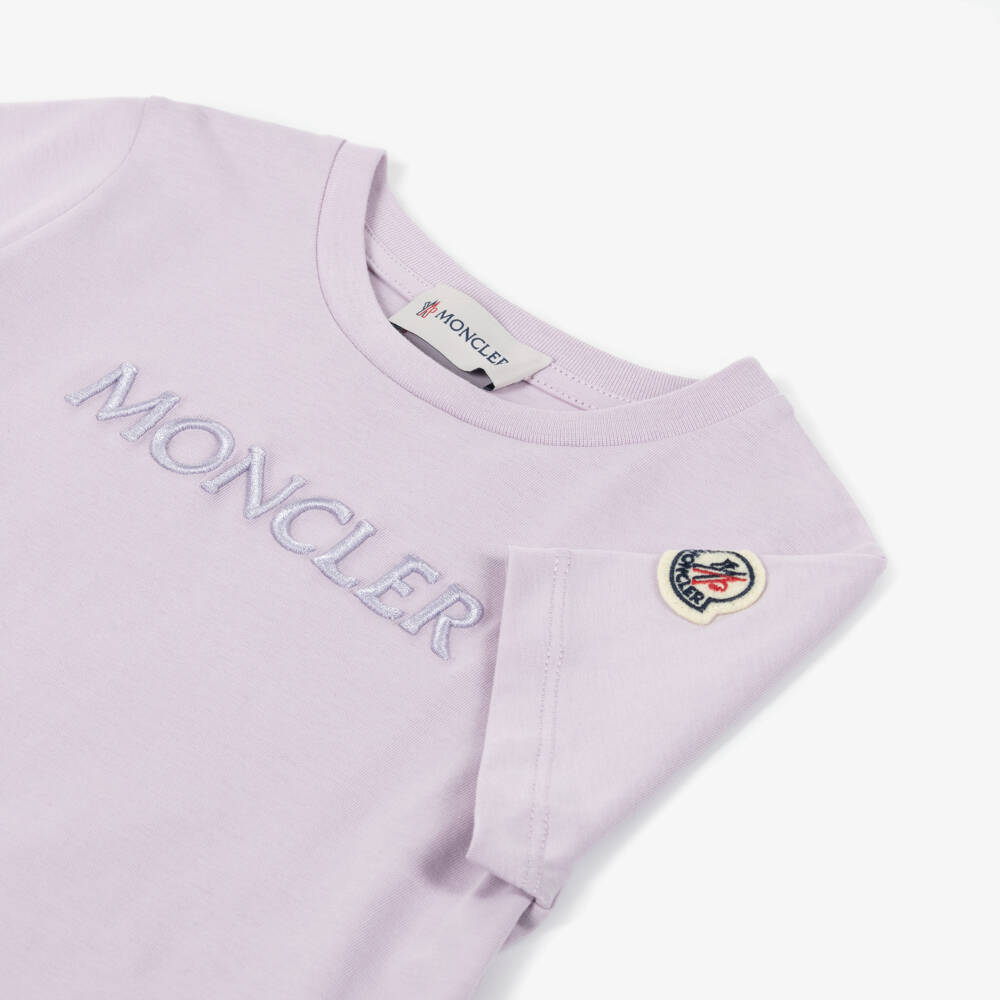 Moncler Enfant-Футболка сиреневая из хлопка с вышитым логотипом для девочек | Childrensalon