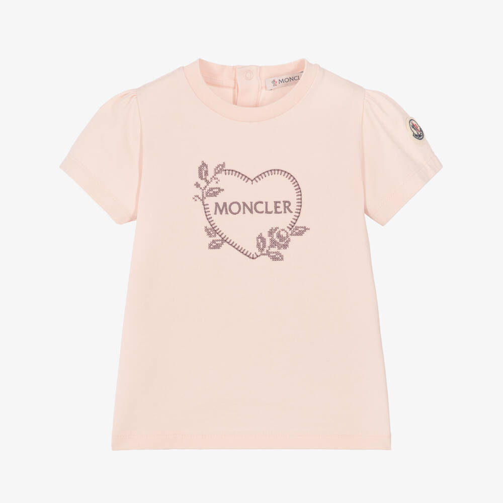 Moncler Enfant-Girls Pale Pink Cotton T-Shirt with Heart Logo | Childrensalon