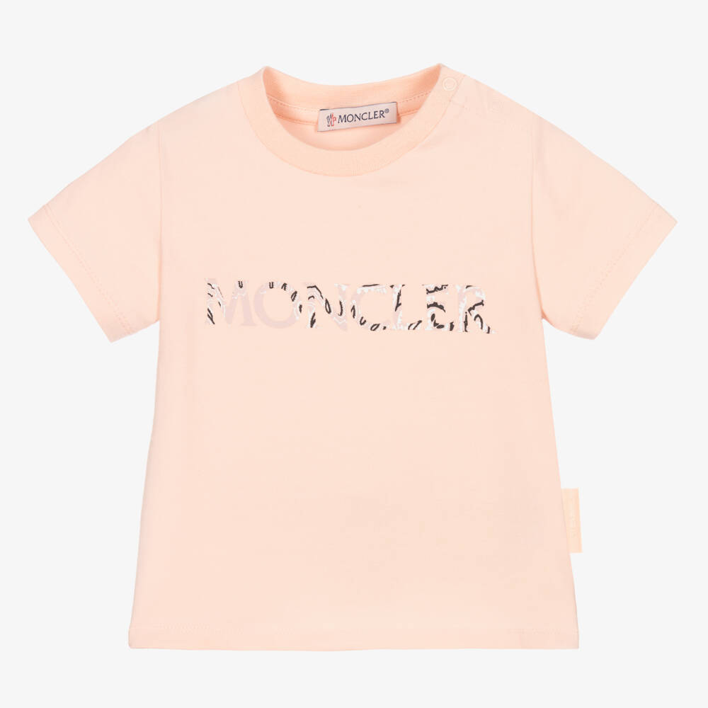 Moncler Enfant-Girls Peach Pink Cotton Logo T-Shirt | Childrensalon
