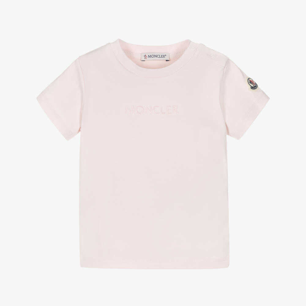 Moncler Enfant-Girls Pink Cotton T-Shirt with Tonal Embroidered Logo | Childrensalon