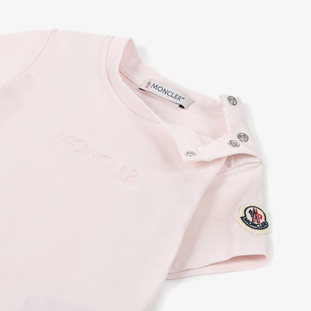 Moncler Enfant-Girls Pink Cotton T-Shirt with Tonal Embroidered Logo | Childrensalon