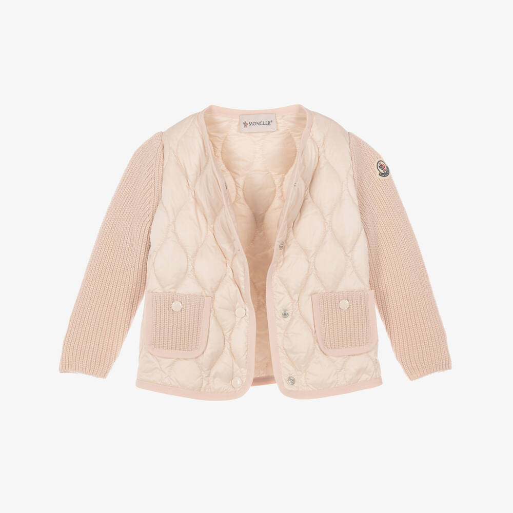 Moncler Enfant-Girls Pink Down Padded Jacket with Knitted Sleeves | Childrensalon