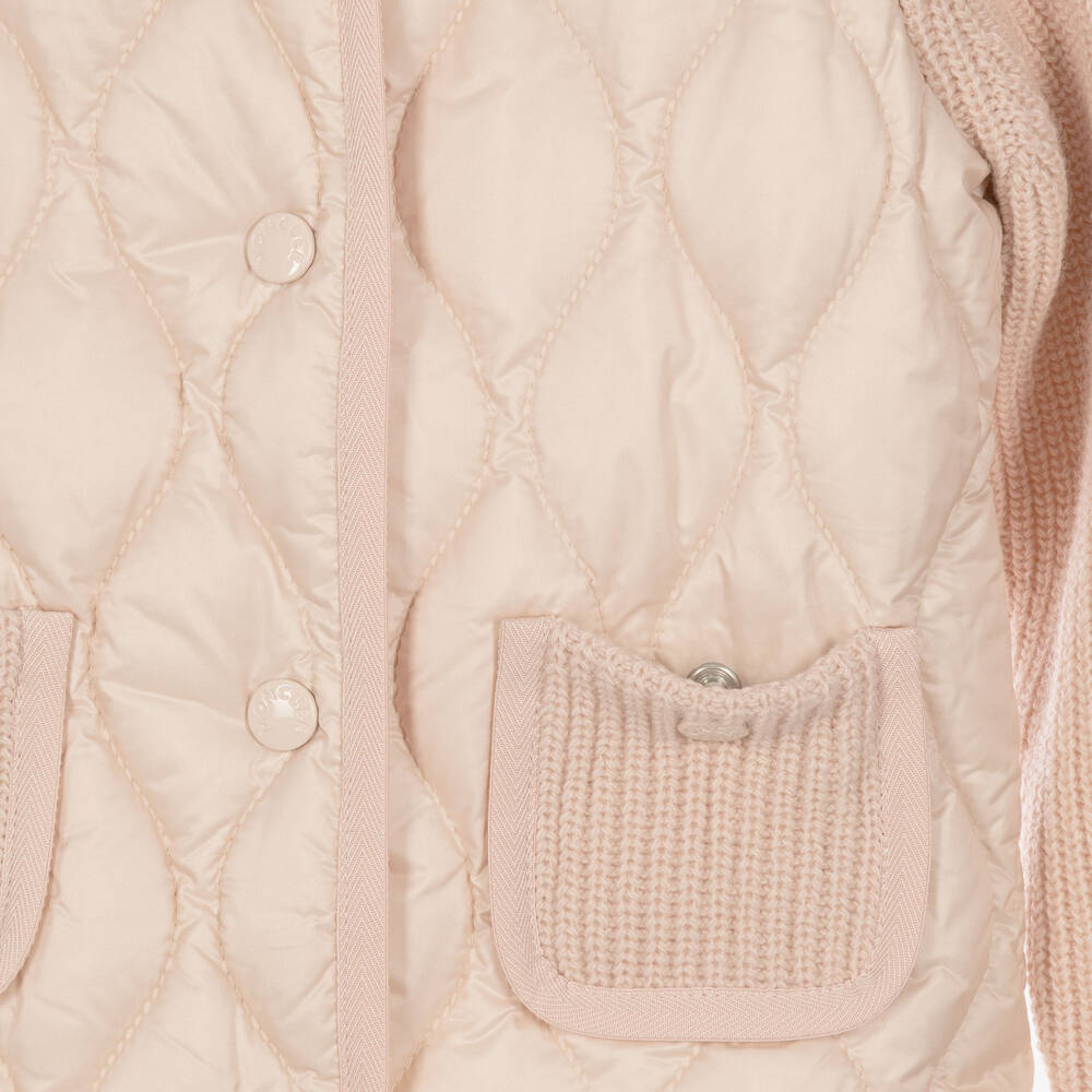 Moncler Enfant-Girls Pink Down Padded Jacket with Knitted Sleeves | Childrensalon