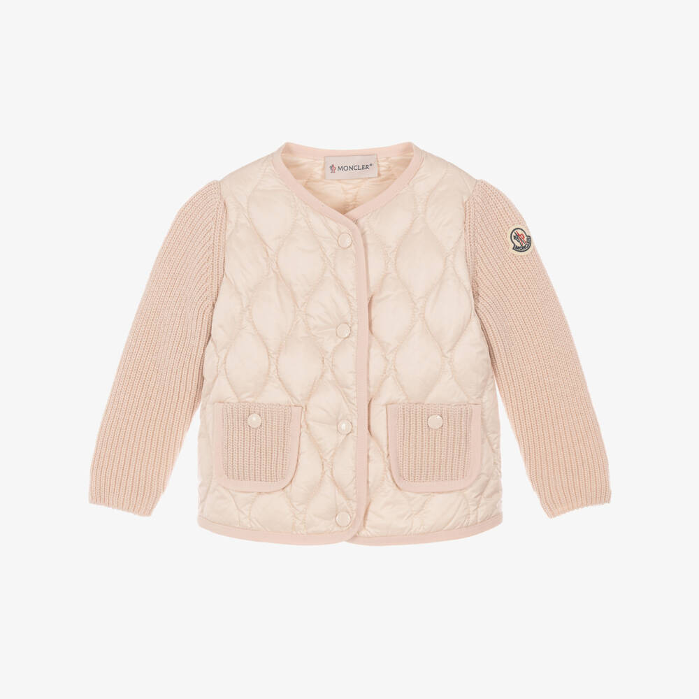 Moncler Enfant-Girls Pink Down Padded Jacket with Knitted Sleeves | Childrensalon