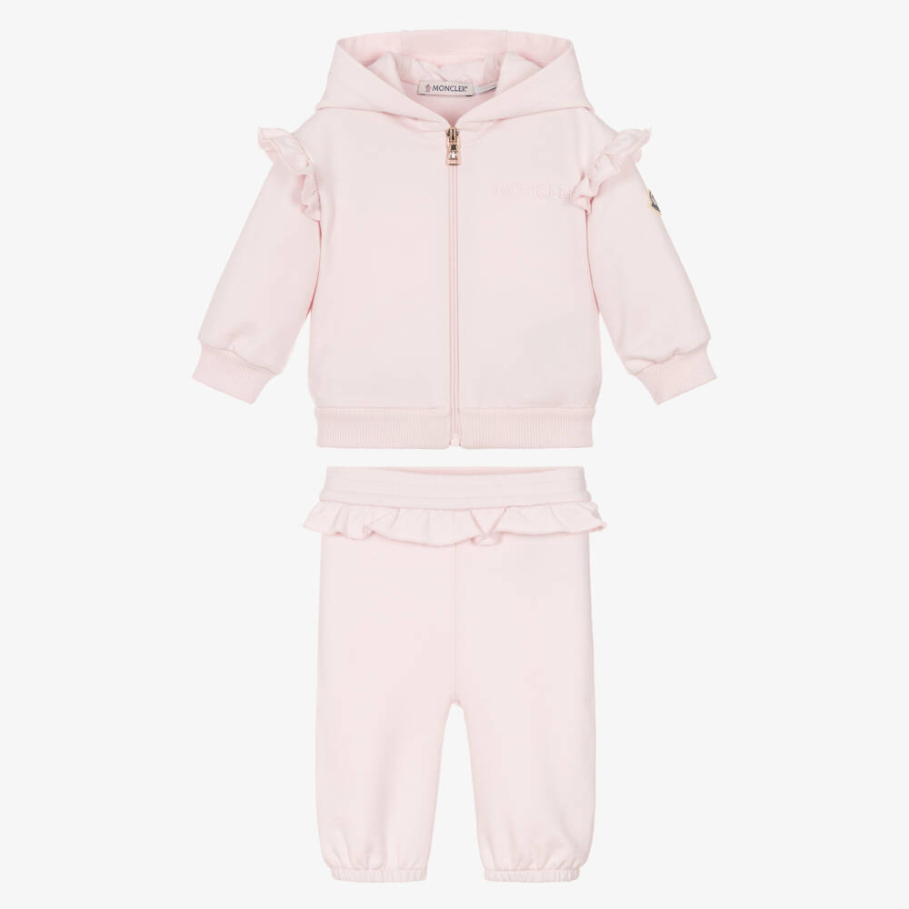 Moncler Enfant-Girls Pink Hooded Tracksuit Set with Ruffle Trims | Childrensalon