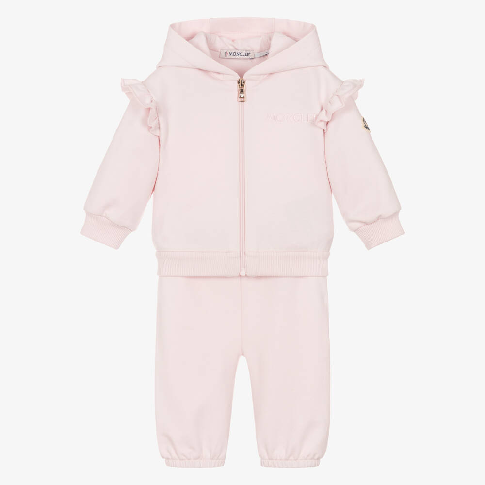 Moncler Enfant-Girls Pink Hooded Tracksuit Set with Ruffle Trims | Childrensalon