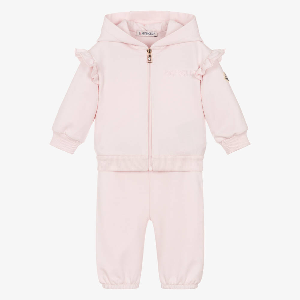 Moncler Enfant-Girls Pink Hooded Tracksuit Set with Ruffle Trims | Childrensalon