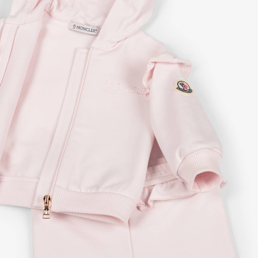 Moncler Enfant-Girls Pink Hooded Tracksuit Set with Ruffle Trims | Childrensalon