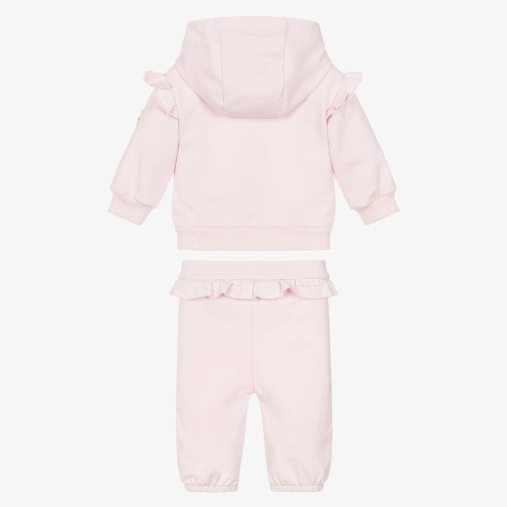 Moncler Enfant-Girls Pink Hooded Tracksuit Set with Ruffle Trims | Childrensalon