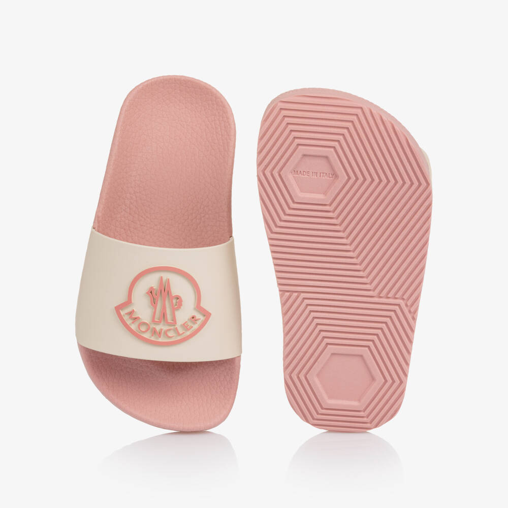 Moncler Enfant-Girls Pink & Ivory Sliders with Bell Logo | Childrensalon