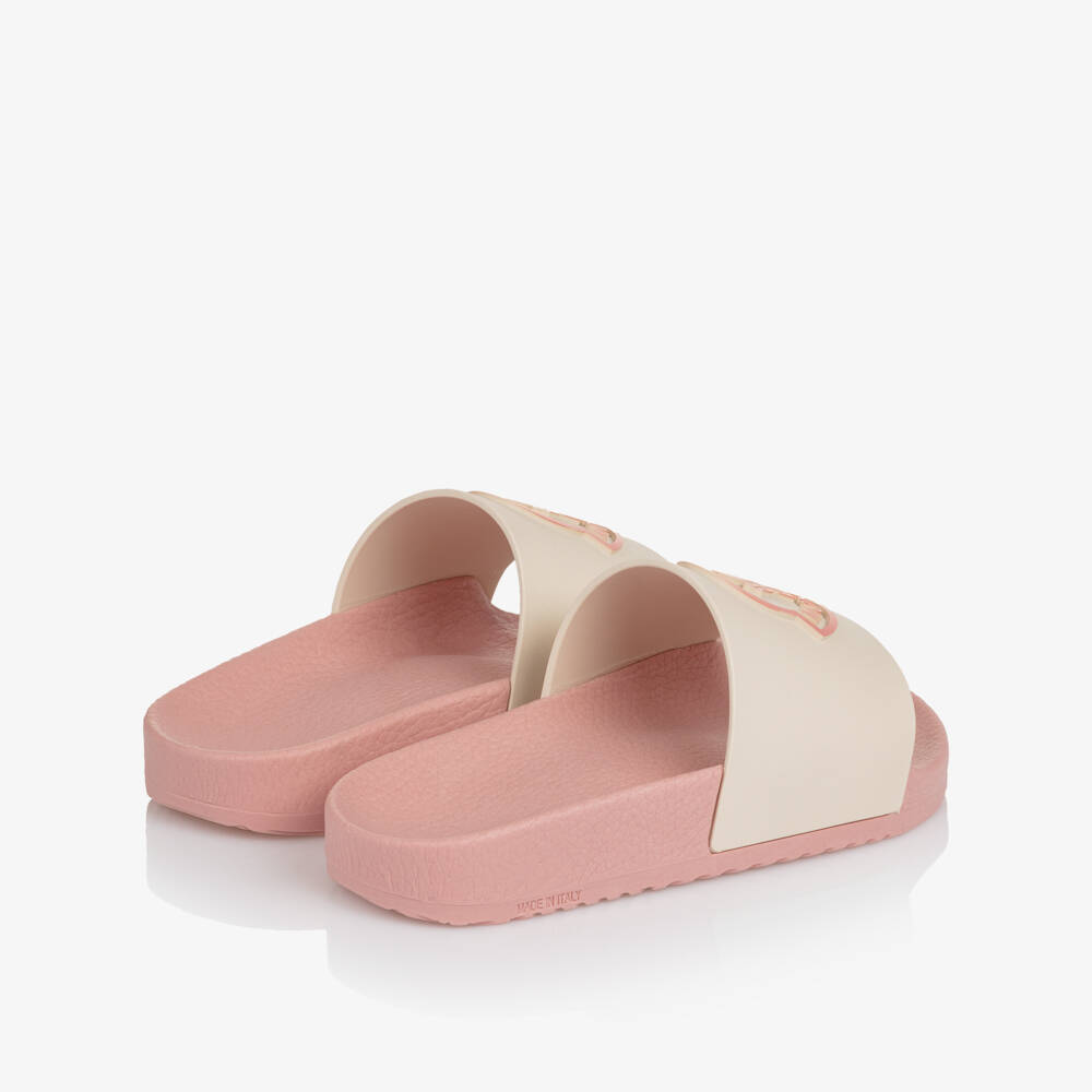 Moncler Enfant-Girls Pink & Ivory Sliders with Bell Logo | Childrensalon