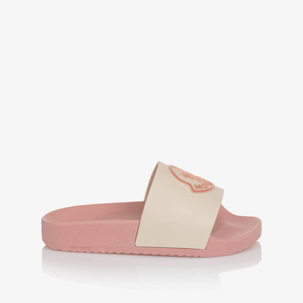 Moncler Enfant-Girls Pink & Ivory Sliders with Bell Logo | Childrensalon