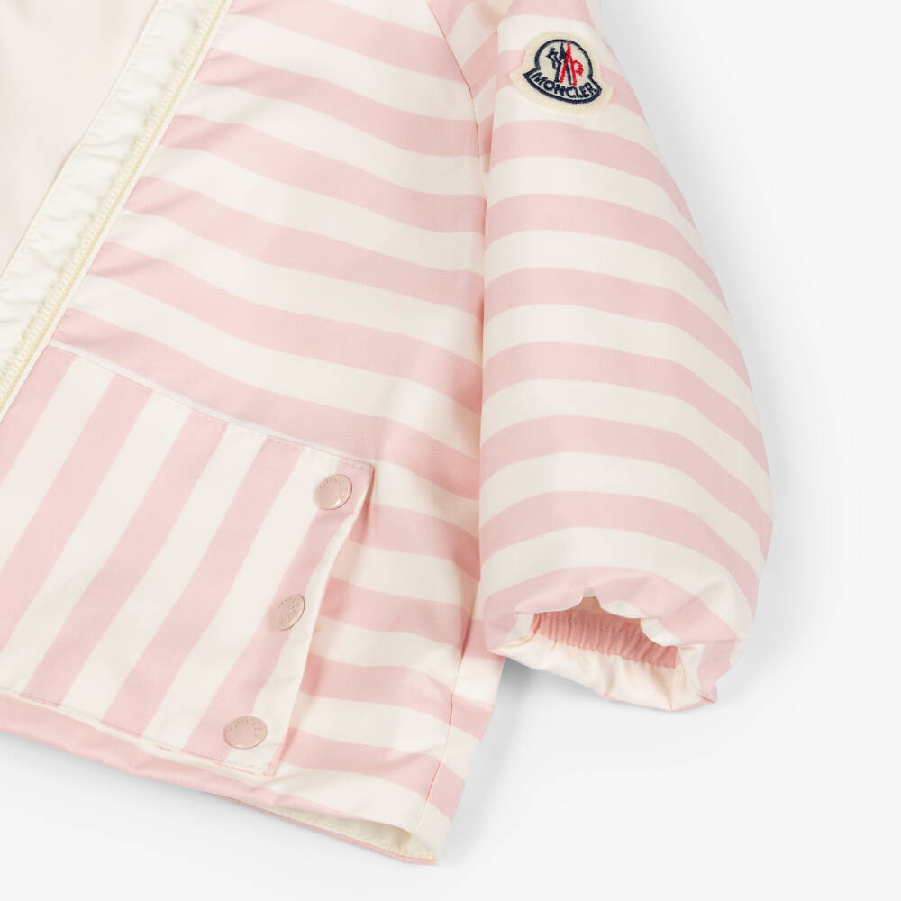 Moncler Enfant-Girls Pink & Ivory Striped Melde Raincoat | Childrensalon