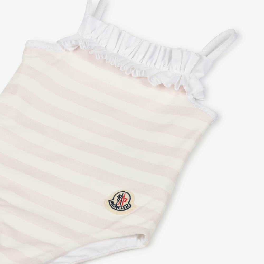 Moncler Enfant-Girls Pink & Ivory Striped Swimsuit | Childrensalon