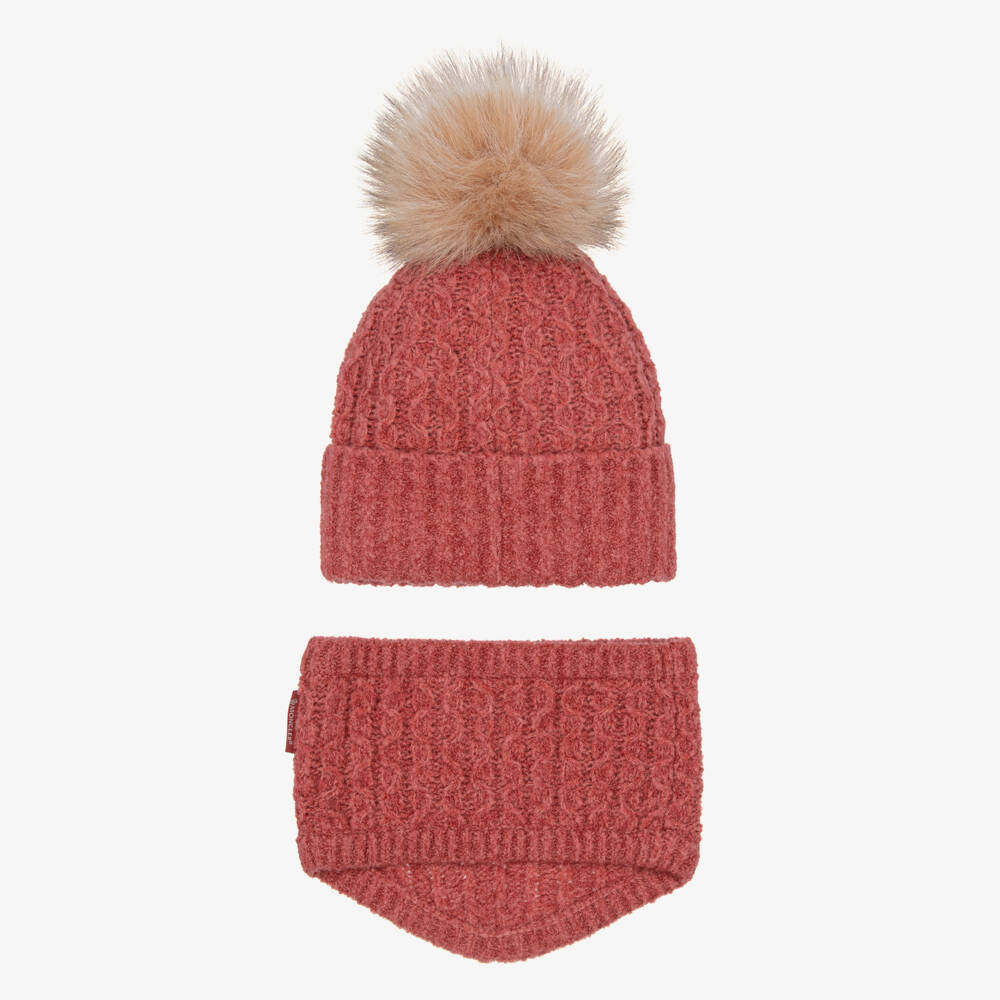 Moncler Enfant-Girls Pink Pom-Pom Beanie & Snood Set | Childrensalon