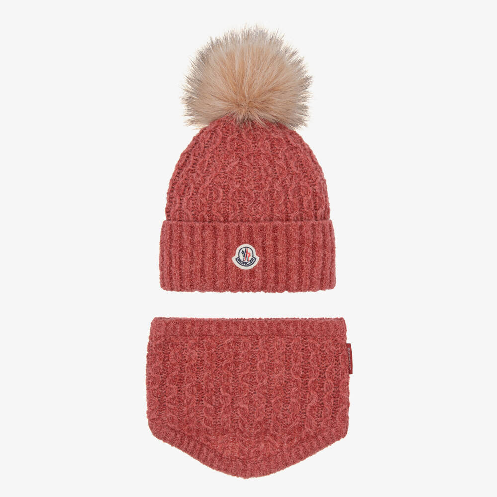 Moncler Enfant-Girls Pink Pom-Pom Beanie & Snood Set | Childrensalon
