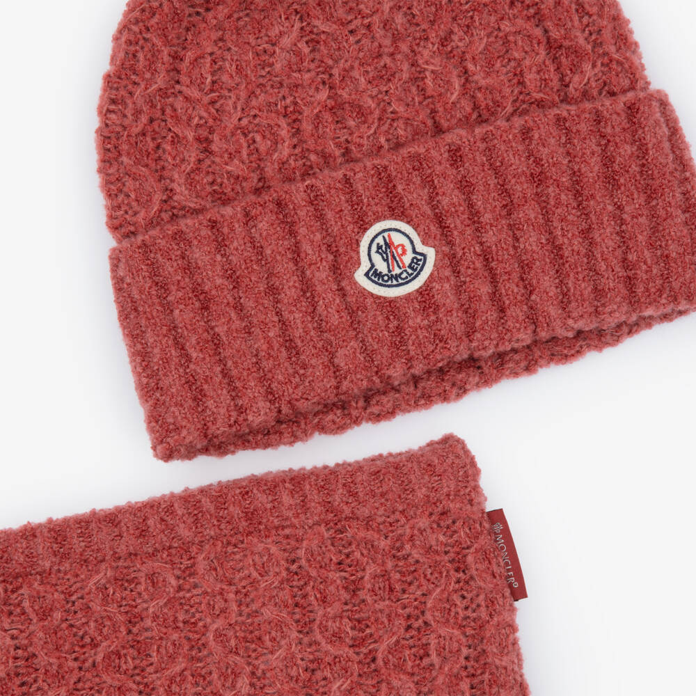 Moncler Enfant-Girls Pink Pom-Pom Beanie & Snood Set | Childrensalon