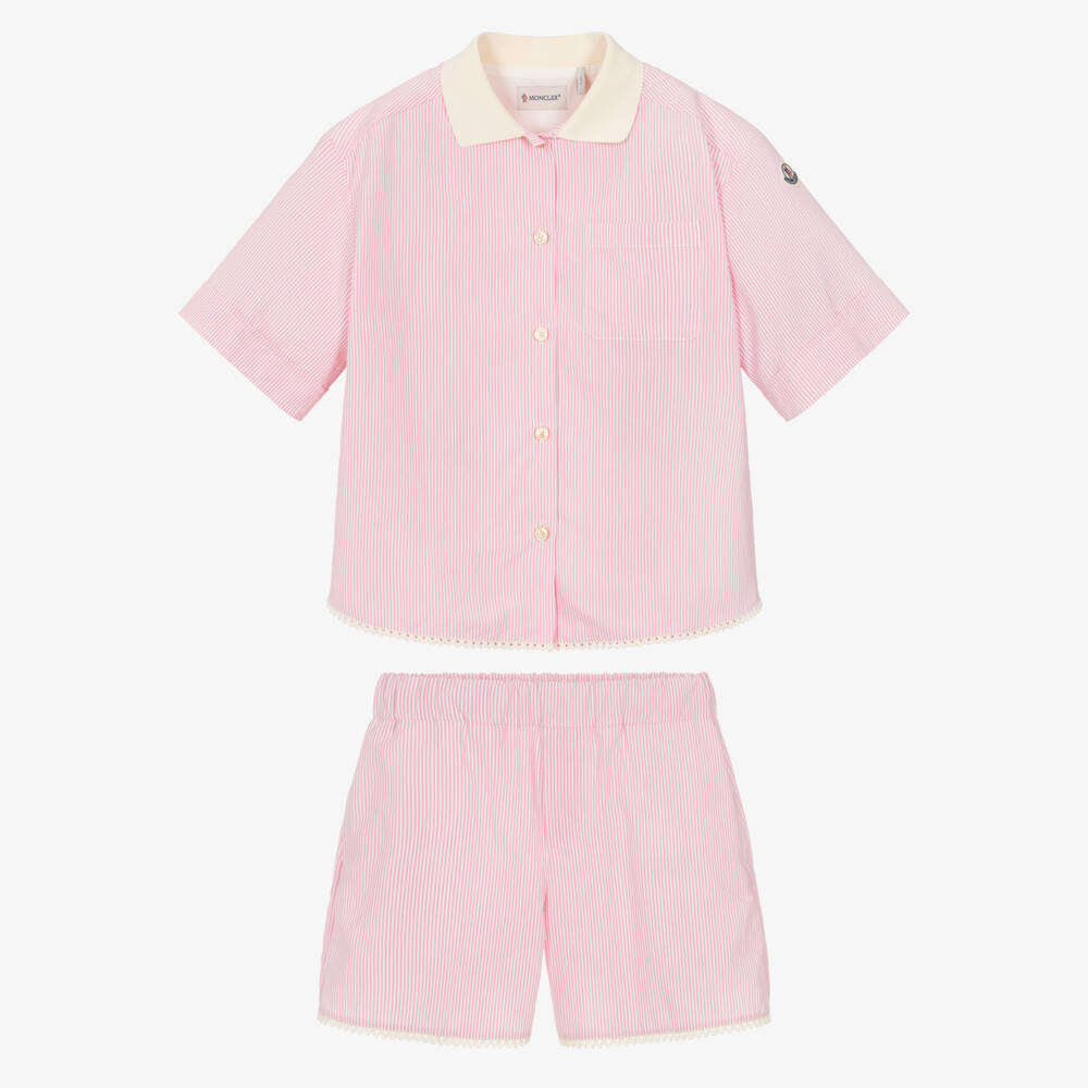Moncler Enfant-Girls Pink Striped Shorts Set | Childrensalon