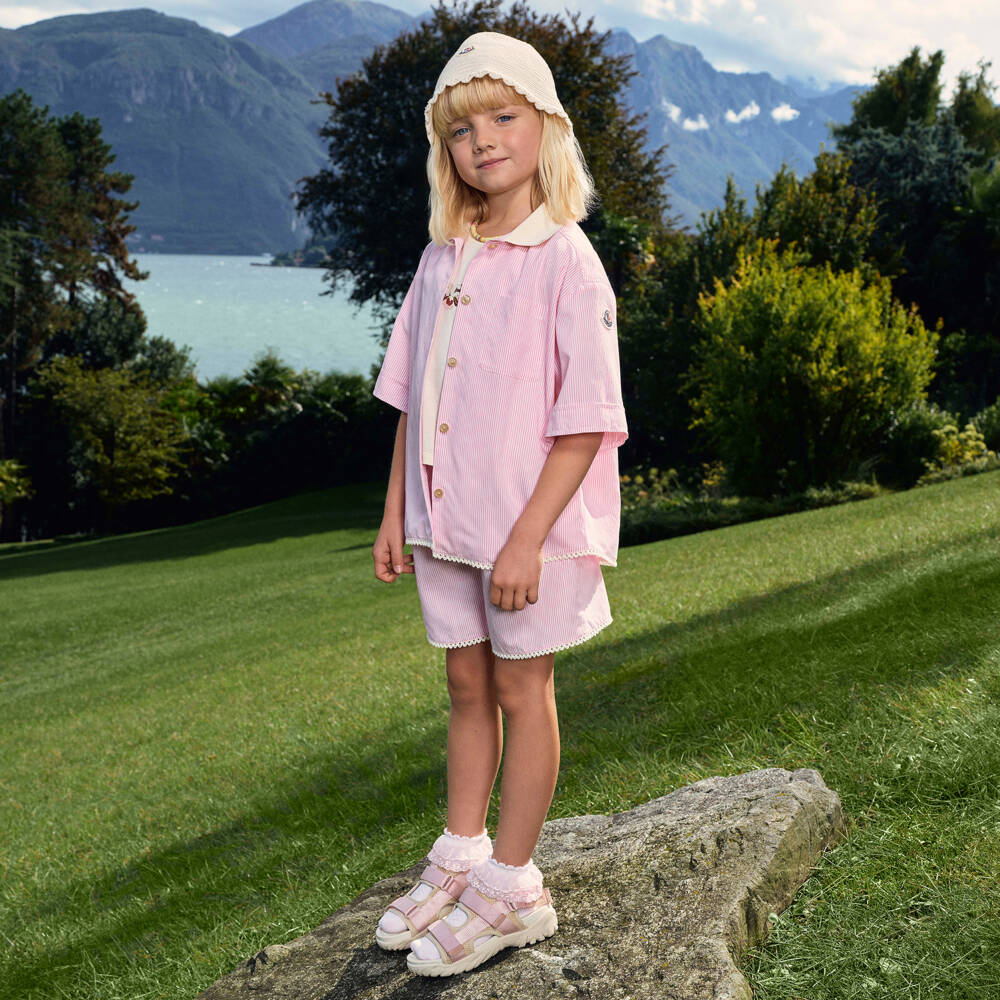 Moncler Enfant-Girls Pink Striped Shorts Set | Childrensalon