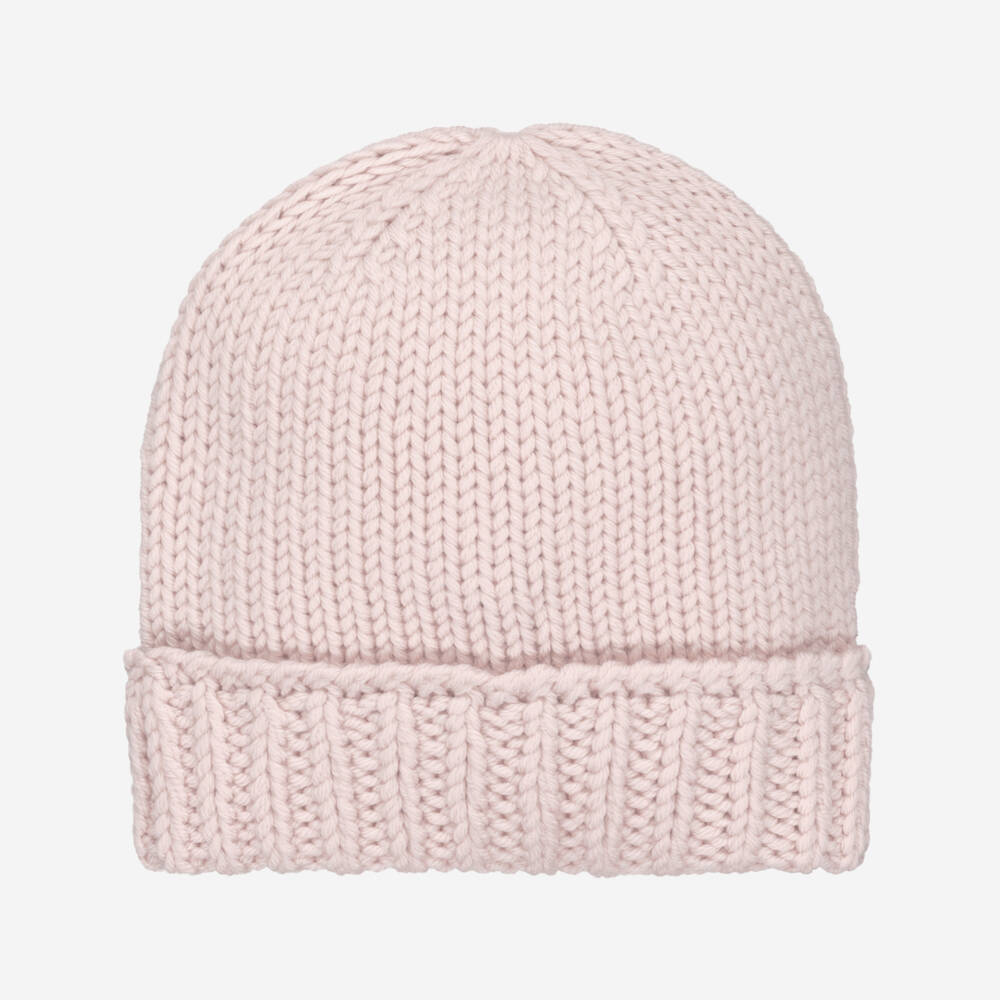 Moncler Enfant-Шапка бини розовая шерстяная с логотипом для девочек | Childrensalon