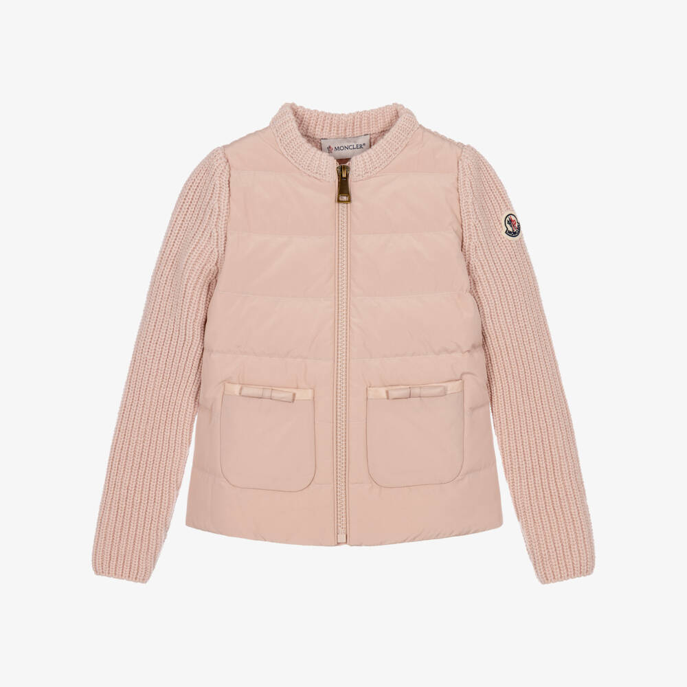 Moncler Enfant-Girls Pink Wool Knit & Down Filled Zip-Up Top | Childrensalon