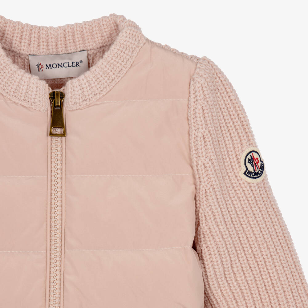 Moncler Enfant-Girls Pink Wool Knit & Down Filled Zip-Up Top | Childrensalon