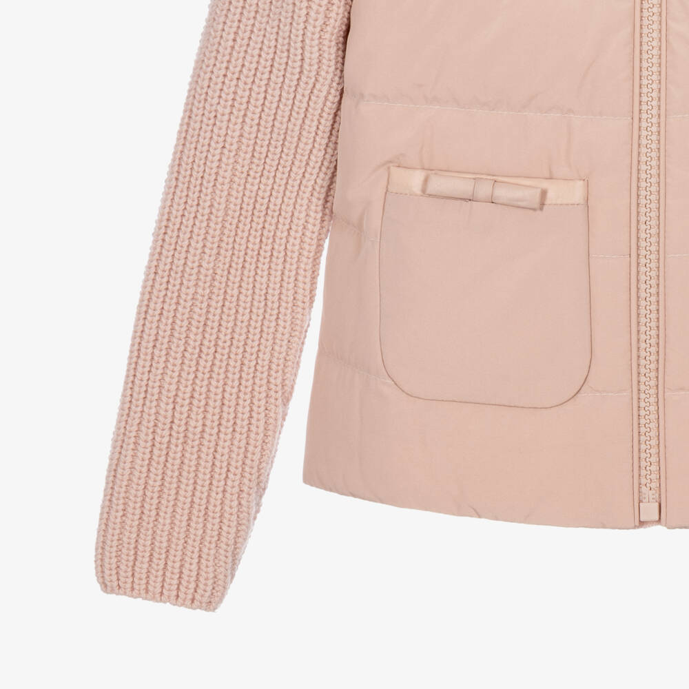 Moncler Enfant-Girls Pink Wool Knit & Down Filled Zip-Up Top | Childrensalon