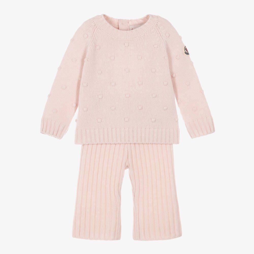 Moncler Enfant-Girls Pink Wool Knit Sweater & Trouser Set | Childrensalon