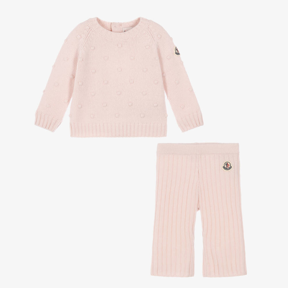 Moncler Enfant-Girls Pink Wool Knit Sweater & Trouser Set | Childrensalon