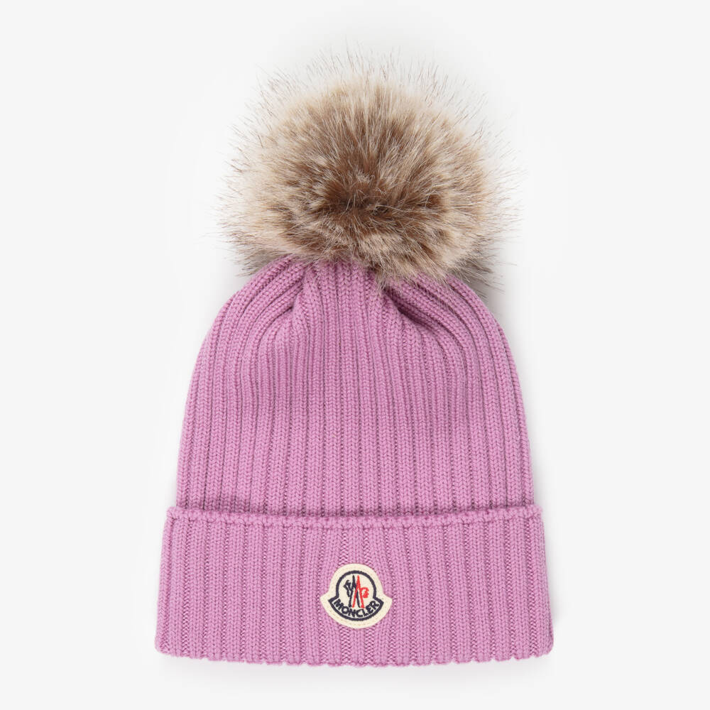 Moncler Enfant-Girls Purple Wool Knit Pom-Pom Beanie Hat | Childrensalon