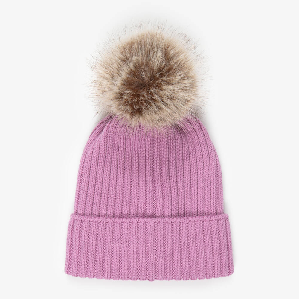 Moncler Enfant-Girls Purple Wool Knit Pom-Pom Beanie Hat | Childrensalon