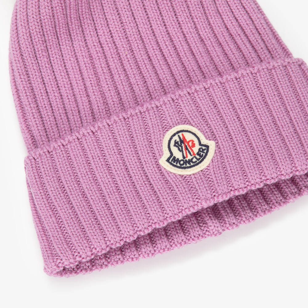 Moncler Enfant-Girls Purple Wool Knit Pom-Pom Beanie Hat | Childrensalon