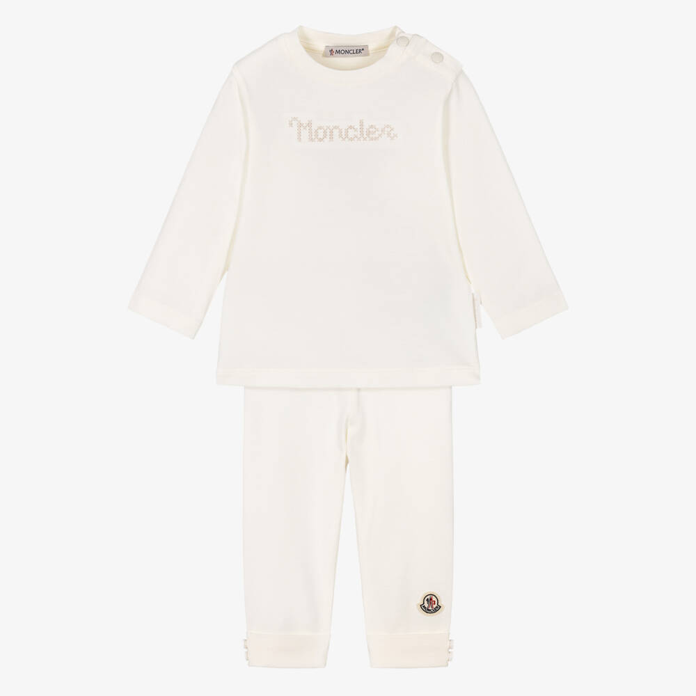 Moncler Enfant-Ivory Baby Trouser Set with Cross-Stitch Logo | Childrensalon