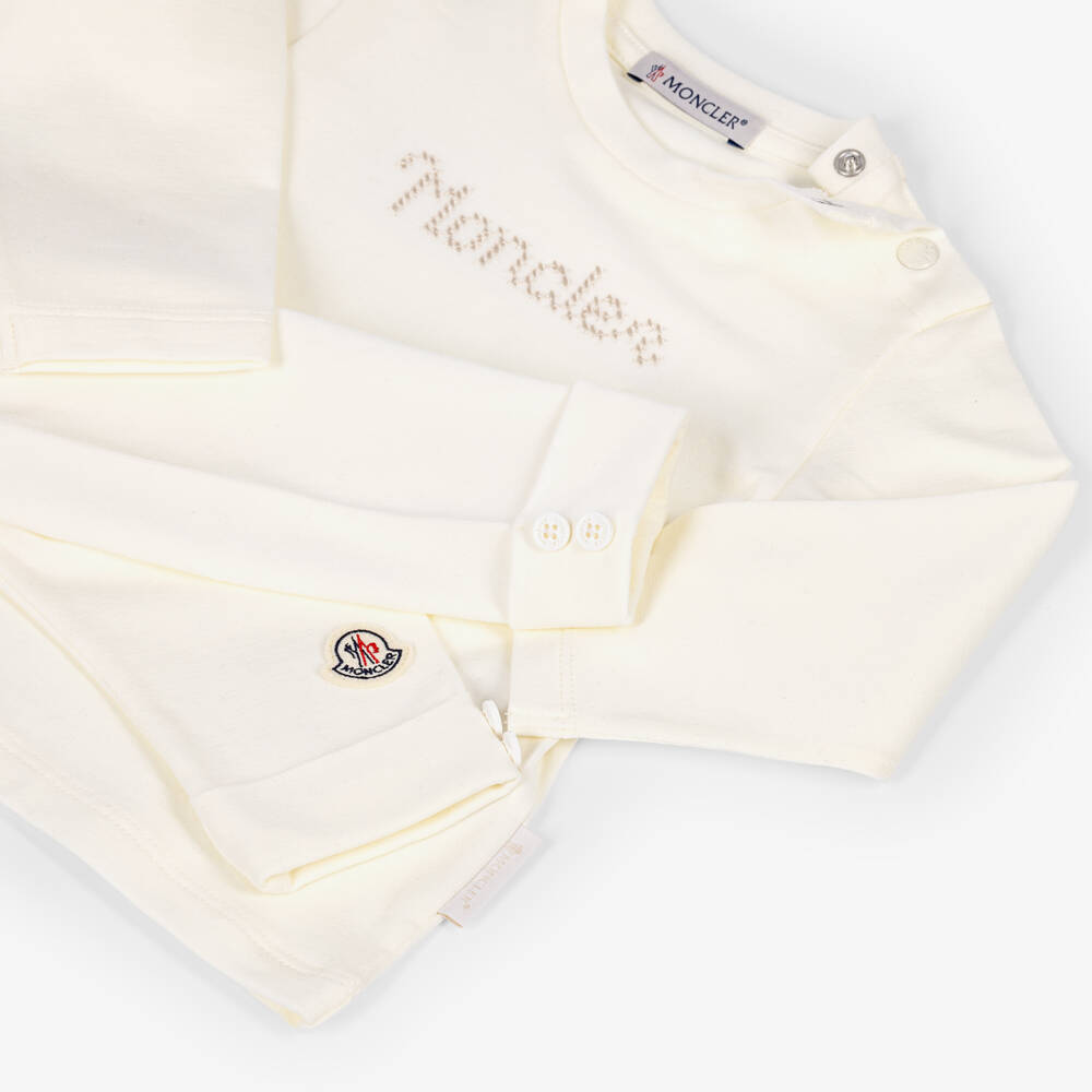 Moncler Enfant-Ivory Baby Trouser Set with Cross-Stitch Logo | Childrensalon