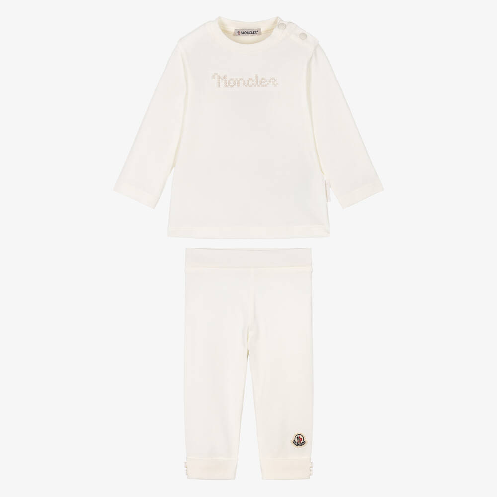 Moncler Enfant-Ivory Baby Trouser Set with Cross-Stitch Logo | Childrensalon