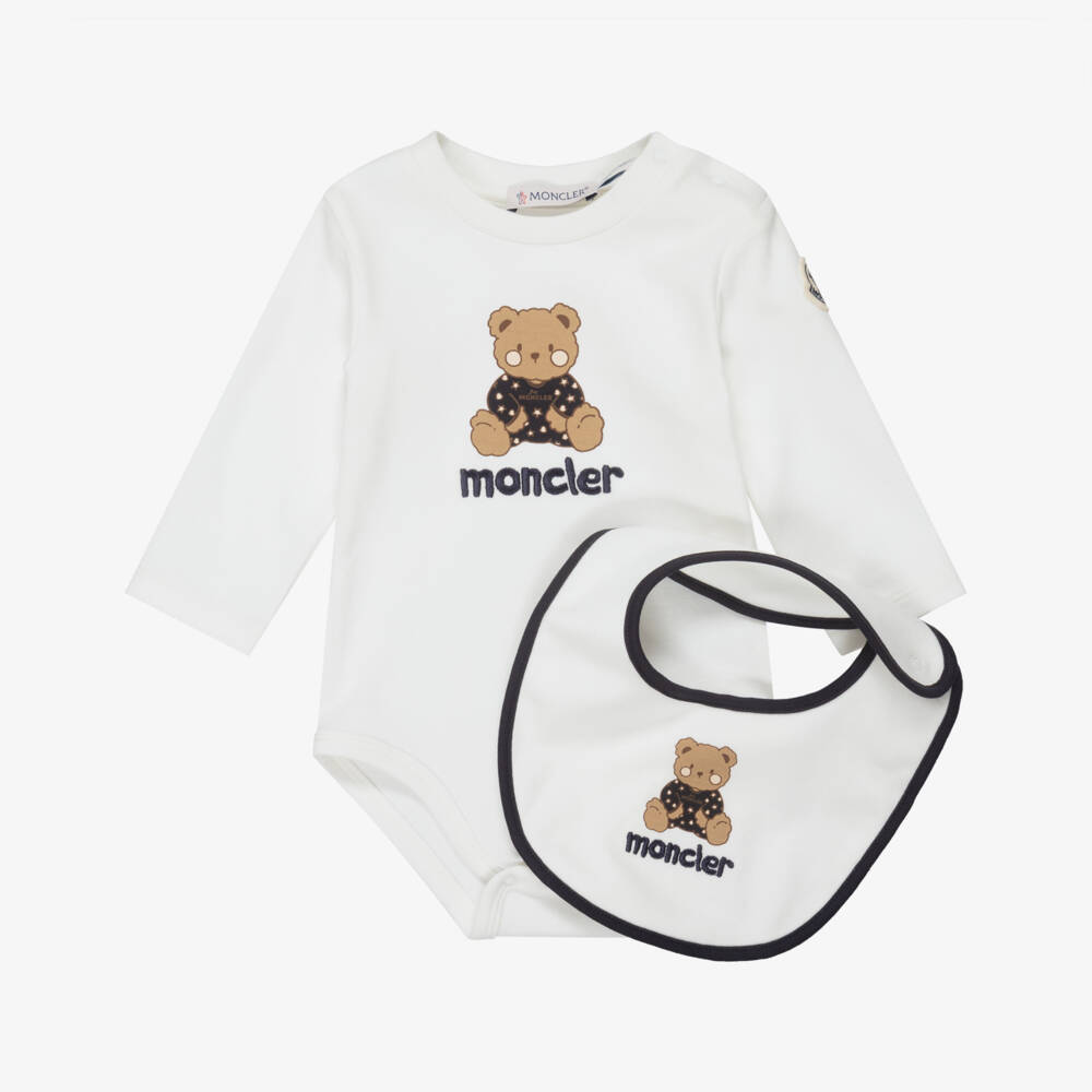 Moncler Enfant-Ivory Bodysuit & Bib Gift Set with Teddy Logo Print | Childrensalon