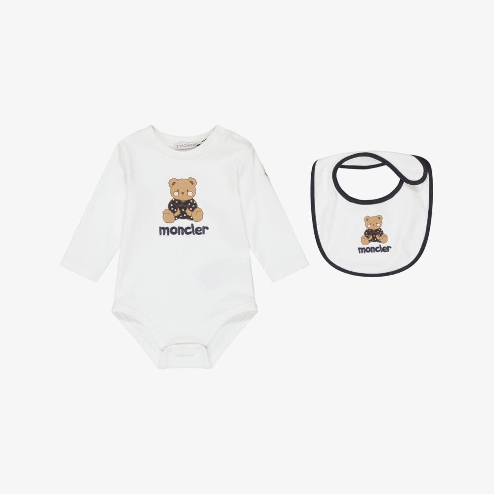 Moncler Enfant-Ivory Cotton Bodysuit & Bib Set with Teddy Logo Print | Childrensalon