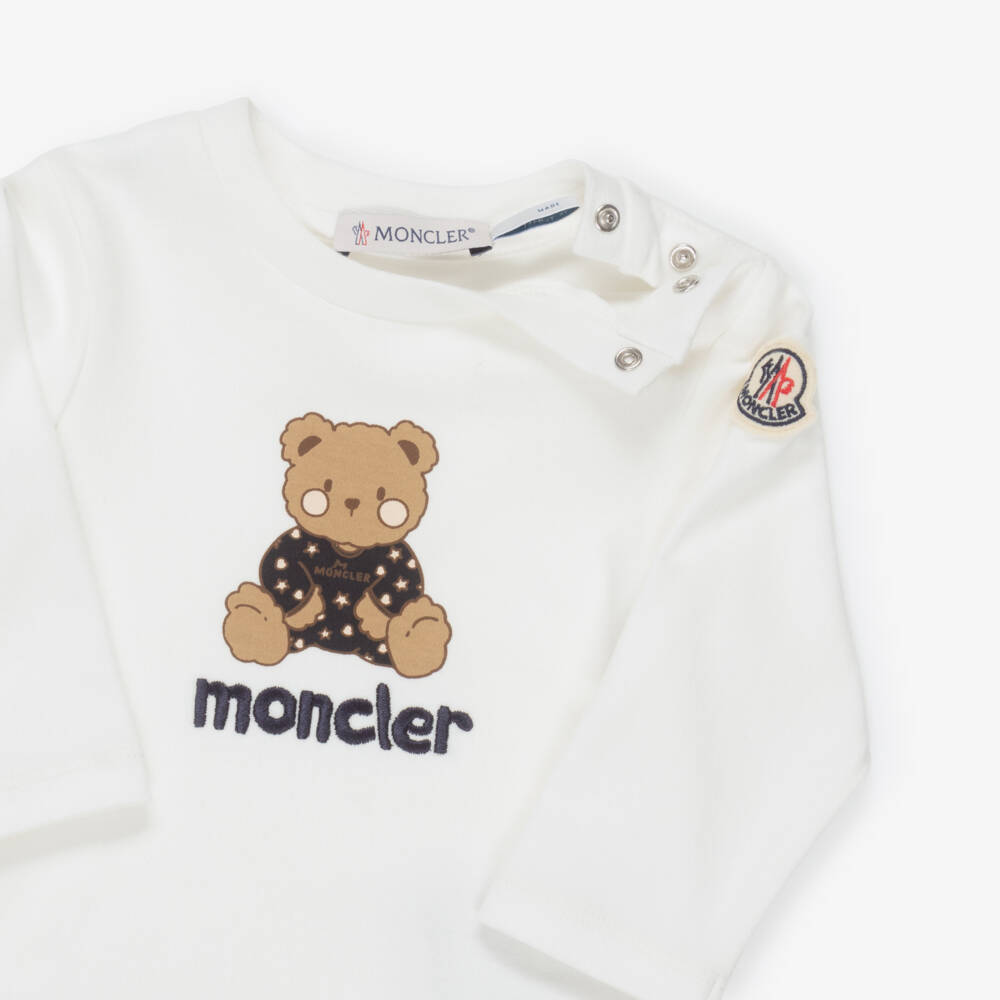 Moncler Enfant-Ivory Cotton Bodysuit & Bib Set with Teddy Logo Print | Childrensalon