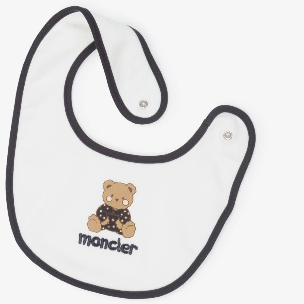 Moncler Enfant-Ivory Cotton Bodysuit & Bib Set with Teddy Logo Print | Childrensalon