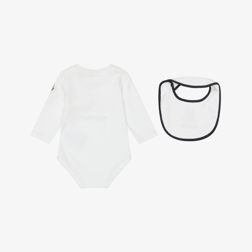Moncler Enfant-Ivory Cotton Bodysuit & Bib Set with Teddy Logo Print | Childrensalon