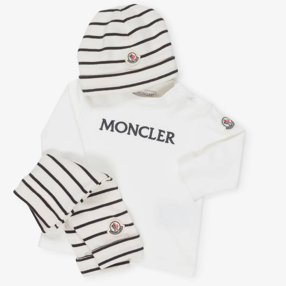 Moncler Enfant-Ivory & Navy Blue Stripe Cotton Jersey Baby Leggings Set | Childrensalon