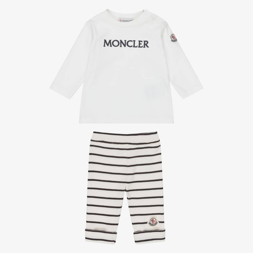 Moncler Enfant-Ivory & Navy Blue Stripe Cotton Jersey Baby Leggings Set | Childrensalon