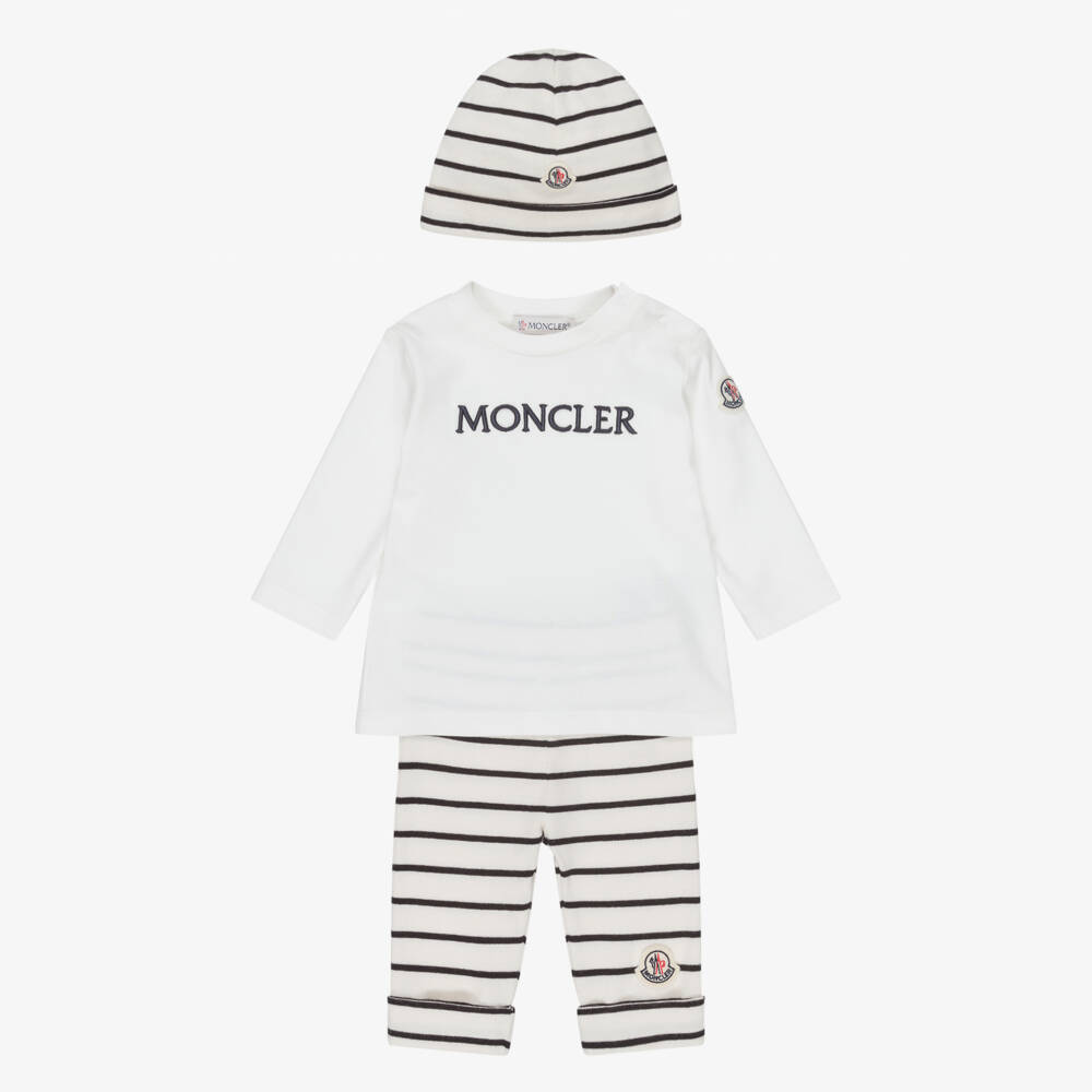 Moncler Enfant-Ivory & Navy Blue Stripe Cotton Jersey Baby Leggings Set | Childrensalon