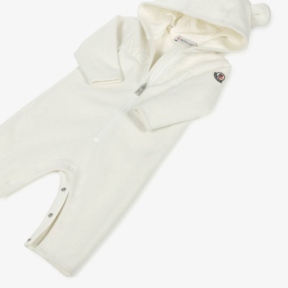 Moncler Enfant-Ivory Polar Fleece Embroidered Logo Pramsuit | Childrensalon