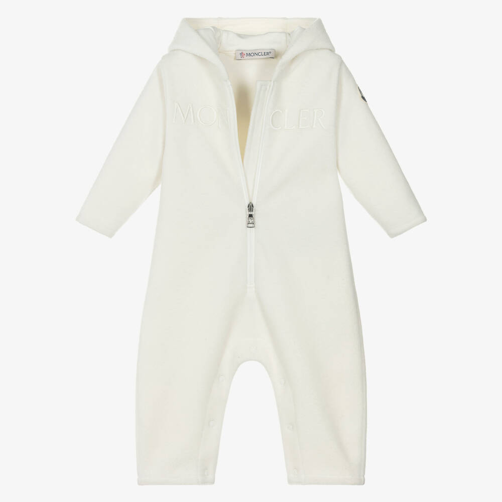 Moncler Enfant-Ivory Polar Fleece Embroidered Logo Pramsuit | Childrensalon